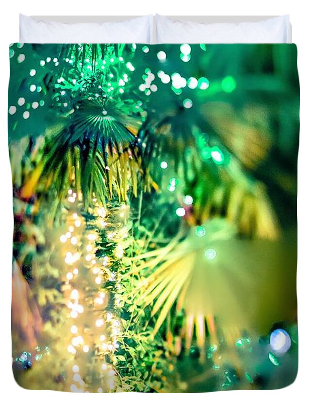 Background Duvet Cover featuring the photograph Palm Trees Decorated With Christmas Lights In Gardens #2 by Alex Grichenko