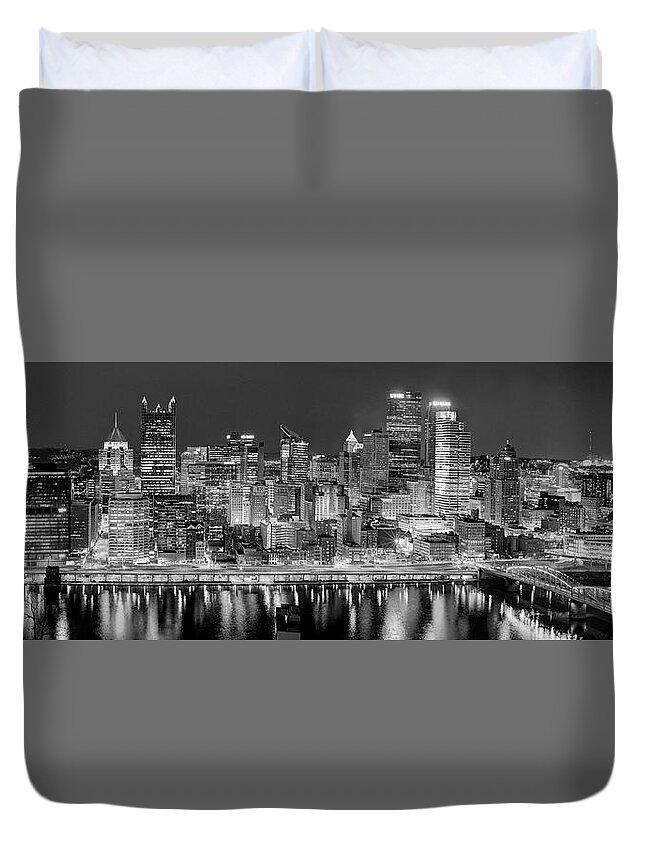 Pittsburgh Skyline At Night Duvet Cover featuring the photograph Pittsburgh Pennsylvania Skyline at Night Panorama #2 by Jon Holiday