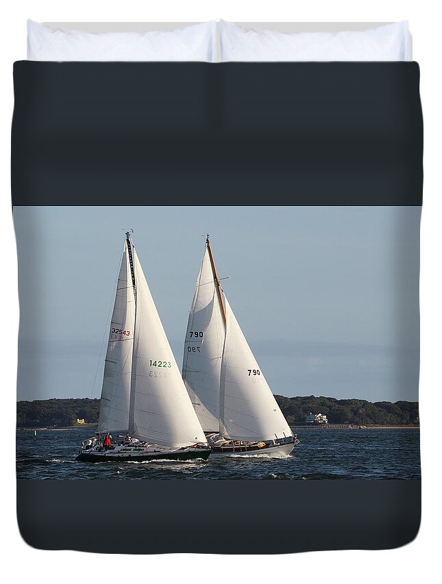 Sailing Duvet Cover featuring the photograph Sailing Greenport New York #2 by Bob Savage