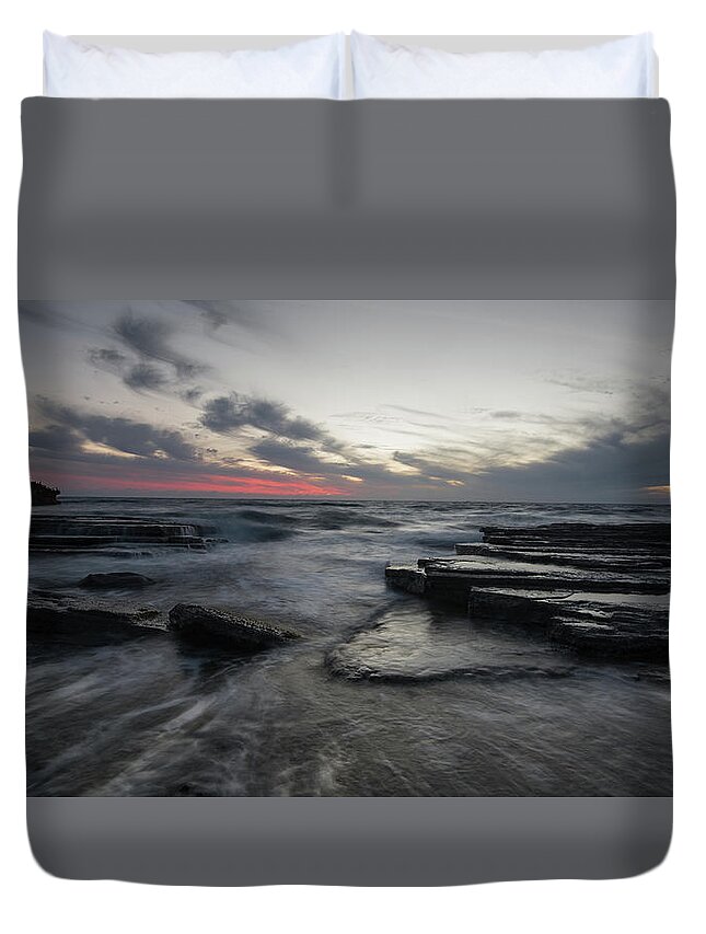 Seascape Duvet Cover featuring the photograph Shipwreck of an abandoned ship on a rocky shore by Michalakis Ppalis