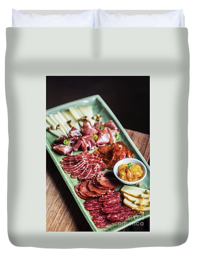 Charcuterie Duvet Cover featuring the photograph Spanish Smoked Meats Ham And Cheese Platter Starter Dish #2 by JM Travel Photography