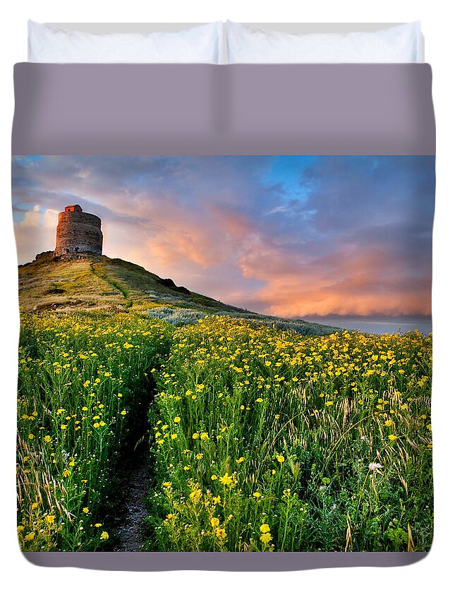 Sardinia Duvet Cover featuring the photograph Spring Flower Field With Trail To Castle Tower #2 by Dirk Ercken