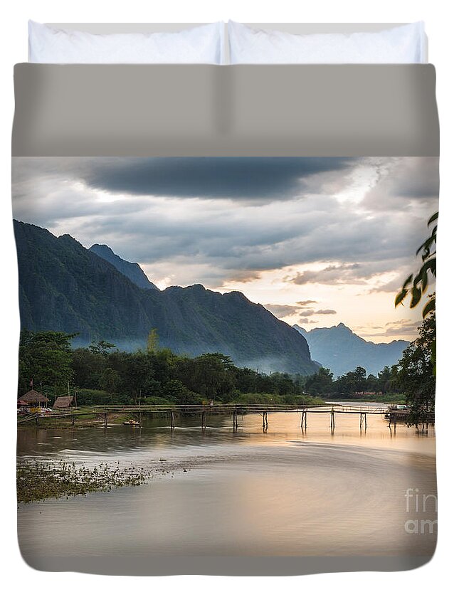 Vang Vieng Duvet Cover featuring the photograph Sunset over Vang Vieng river in Laos #2 by Didier Marti