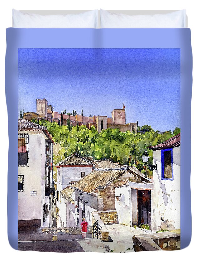 Alhambra Duvet Cover featuring the painting The Alhambra from the Albaicin #4 by Margaret Merry
