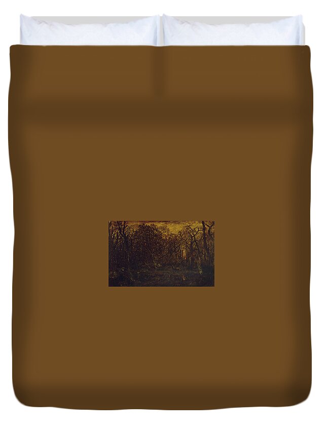 The Forest In Winter At Sunset Duvet Cover featuring the painting The Forest in Winter at Sunset by Theodore Rousseau
