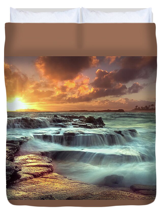 Oahu Hawaii Sunset Seascape Shoreline Clouds Ocean Duvet Cover featuring the photograph The Golden Hour #2 by James Roemmling