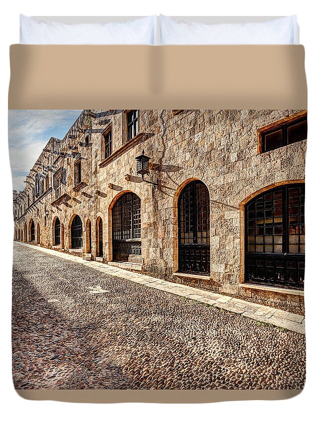 Aegean Duvet Cover featuring the photograph The Street of the Knights in Rhodes - Greece #2 by Constantinos Iliopoulos