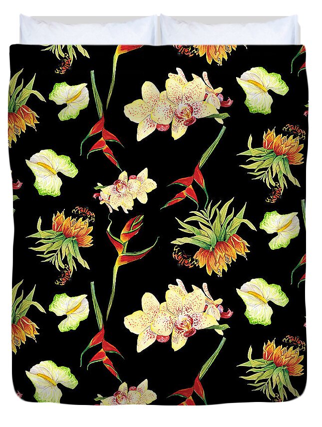 Orchid Duvet Cover featuring the painting Tropical Island Floral Half Drop Pattern by Audrey Jeanne Roberts