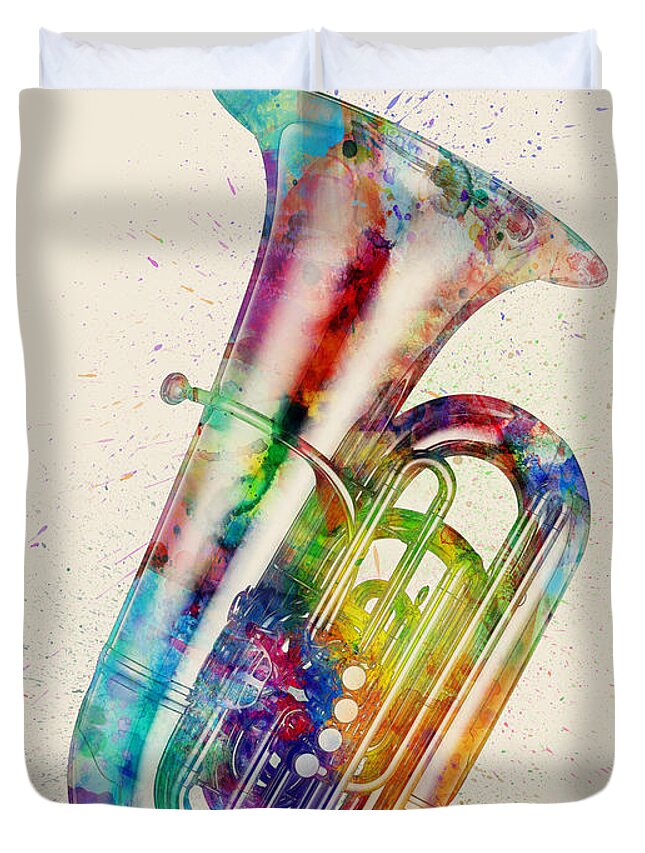 Tuba Duvet Cover featuring the digital art Tuba Abstract Watercolor #2 by Michael Tompsett