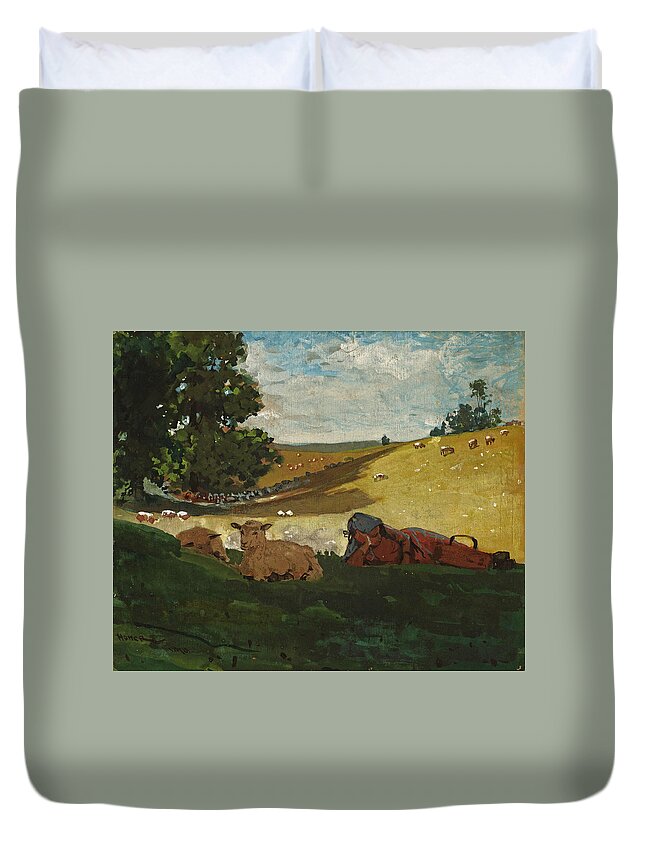 Winslow Homer Duvet Cover featuring the drawing Warm Afternoon. Shepherdess #2 by Winslow Homer