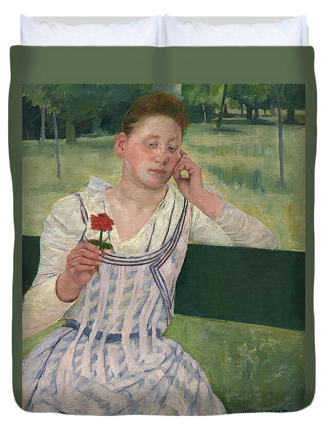Mary Cassatt Duvet Cover featuring the painting Woman With A Red Zinnia #2 by Mary Cassatt