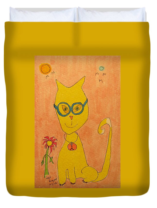 Hagood Duvet Cover featuring the painting Yellow Cat With Glasses by Lew Hagood