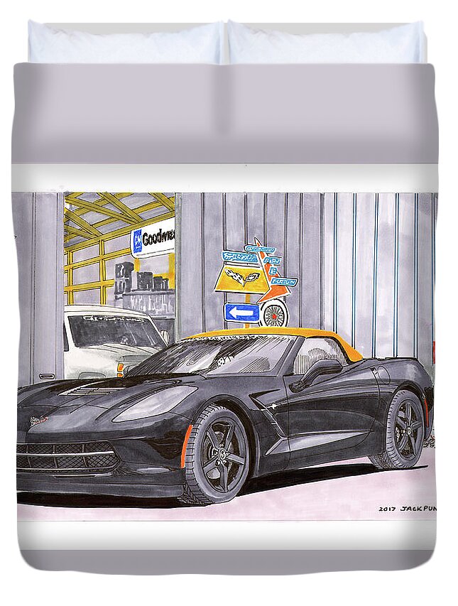 2014 Corvette Duvet Cover featuring the painting 2014 Corvette and man cave garage by Jack Pumphrey