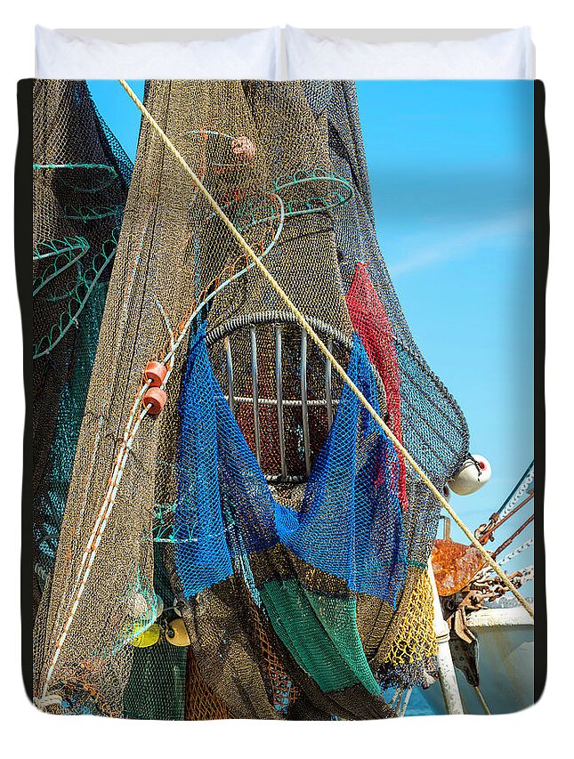 Apalachicola Duvet Cover featuring the photograph 201503140-099--red-green-blue-nets-2x3 by Alan Tonnesen