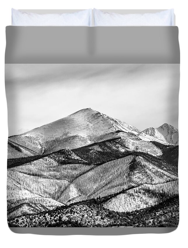 Coaldale; Colorado; Mountains; Rocky Mountains; Snow-capped Mountains; Winter; B/w Photo; Black And White Photograph; Black And White Photography; Black And White Pictures; Bw Photo Duvet Cover featuring the photograph 201702180-001K Snowy mountains 2x3 by Alan Tonnesen