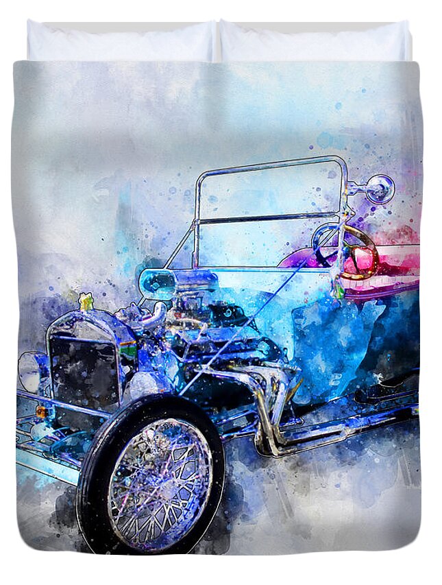 1923 Duvet Cover featuring the photograph 23 Model T Hot Rod Watercolour Illustration by Chas Sinklier
