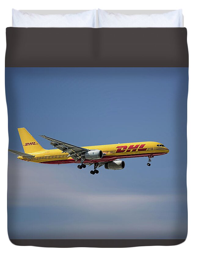 Dhl Duvet Cover featuring the mixed media DHL Boeing 757-236 PCF by Smart Aviation