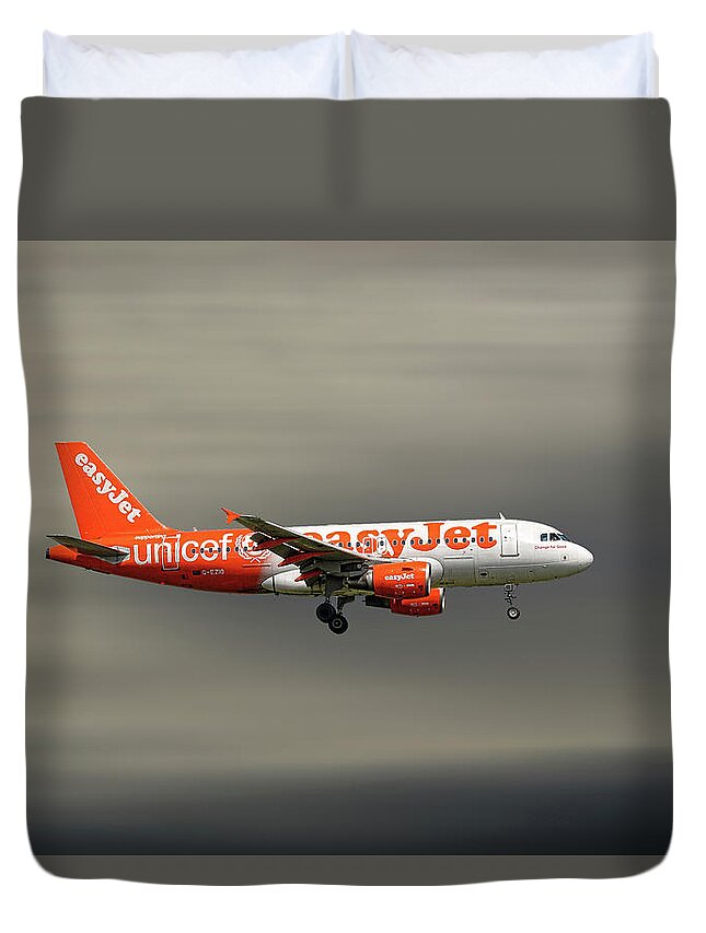 Easyjet Unicef Livery Duvet Cover featuring the mixed media EasyJet UNICEF Livery Airbus A319-111 #3 by Smart Aviation