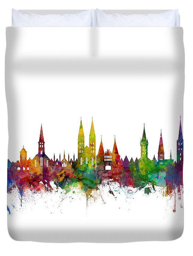 Lubeck Duvet Cover featuring the digital art Lubeck Germany Skyline by Michael Tompsett