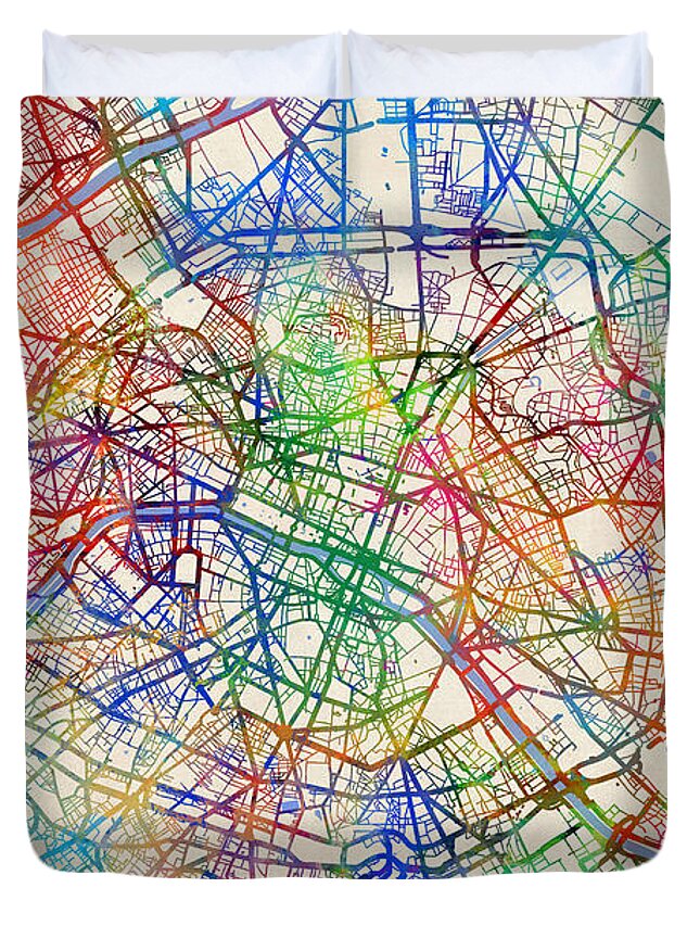 Paris Duvet Cover featuring the digital art Paris France Street Map by Michael Tompsett
