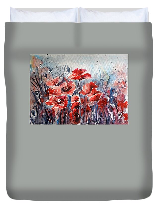 Poppies Duvet Cover featuring the painting Poppies #12 by Kovacs Anna Brigitta