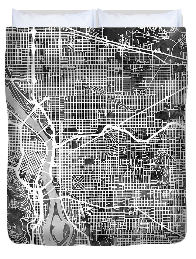 Portland Duvet Cover featuring the digital art Portland Oregon City Map by Michael Tompsett