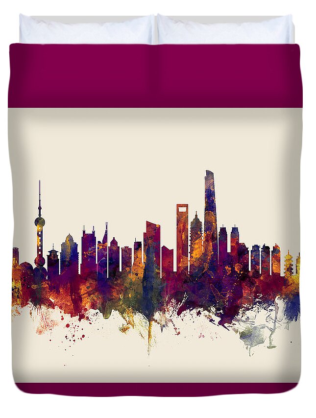 Shanghai Duvet Cover featuring the digital art Shanghai China Skyline by Michael Tompsett