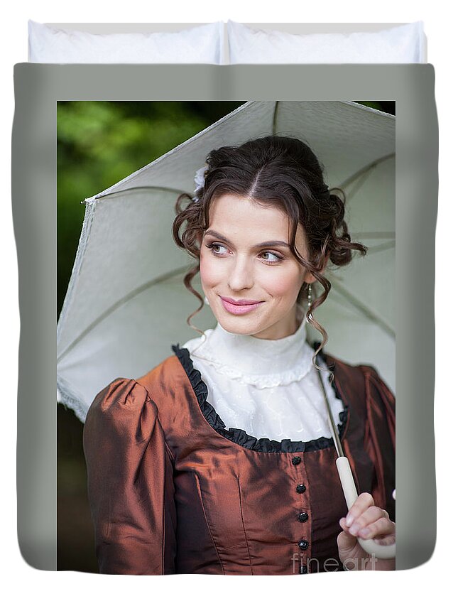 Victorian Duvet Cover featuring the photograph Victorian Woman With Parasol #3 by Lee Avison