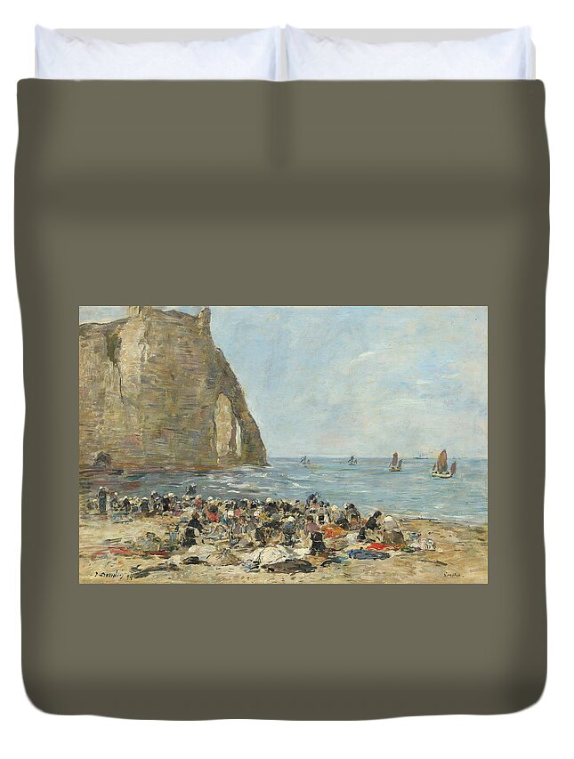 Eugne Boudin Duvet Cover featuring the painting Washerwomen on the Beach of Etretat #3 by Eugene Boudin