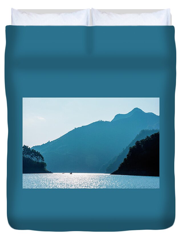 Mountain Duvet Cover featuring the photograph The mountains and reservoir scenery with blue sky #30 by Carl Ning