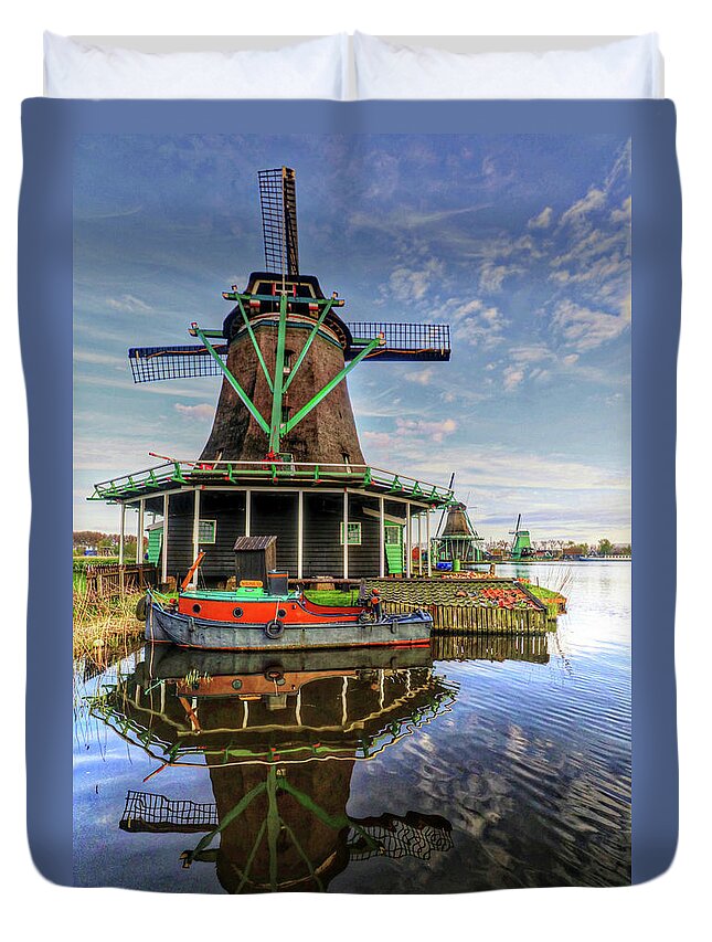 Zaanse Schans Windmills Holland Netherlands Duvet Cover featuring the photograph Zaanse Schans Windmills Holland Netherlands #30 by Paul James Bannerman