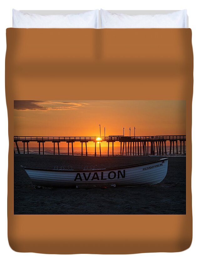 32nd Duvet Cover featuring the photograph 32nd Street Pier - Sunrise at Avalon New Jersey by Bill Cannon