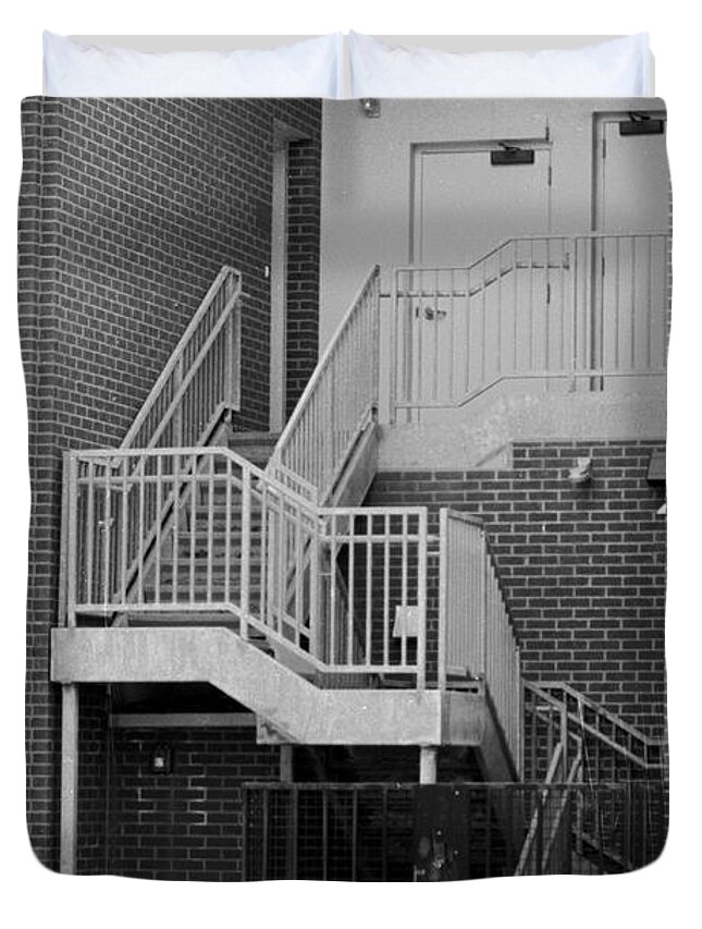 Black White Monochrome Street Stairs City Film Brick Parking Meter Door Gate Fence Hand Handrail Rail Apartment Condo Duvet Cover featuring the photograph 330 326 by Ken DePue