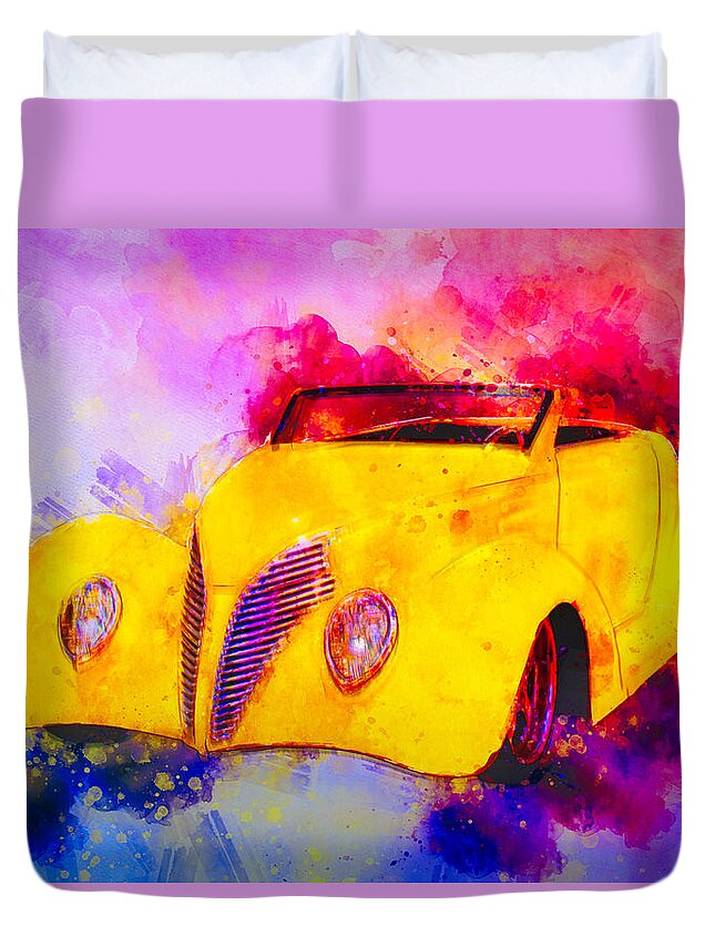1937 Duvet Cover featuring the mixed media 37 Ford Roadster Yellow Watercolour by Chas Sinklier