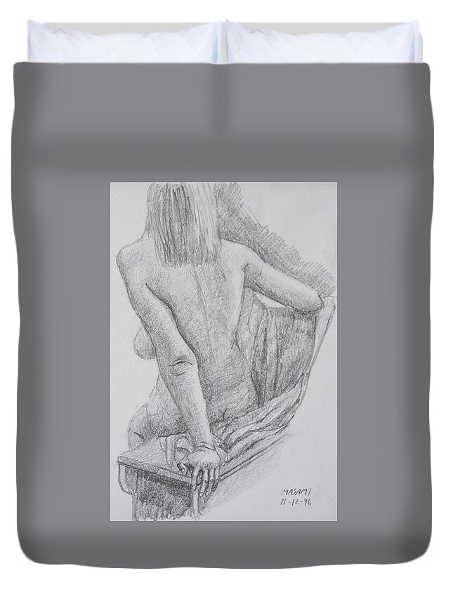 Nude Duvet Cover featuring the drawing Nude study #37 by Masami Iida