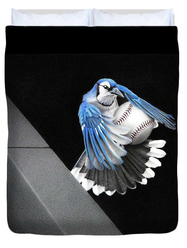 Blue Duvet Cover featuring the drawing 8th Inning - Out at the Fence by Stirring Images