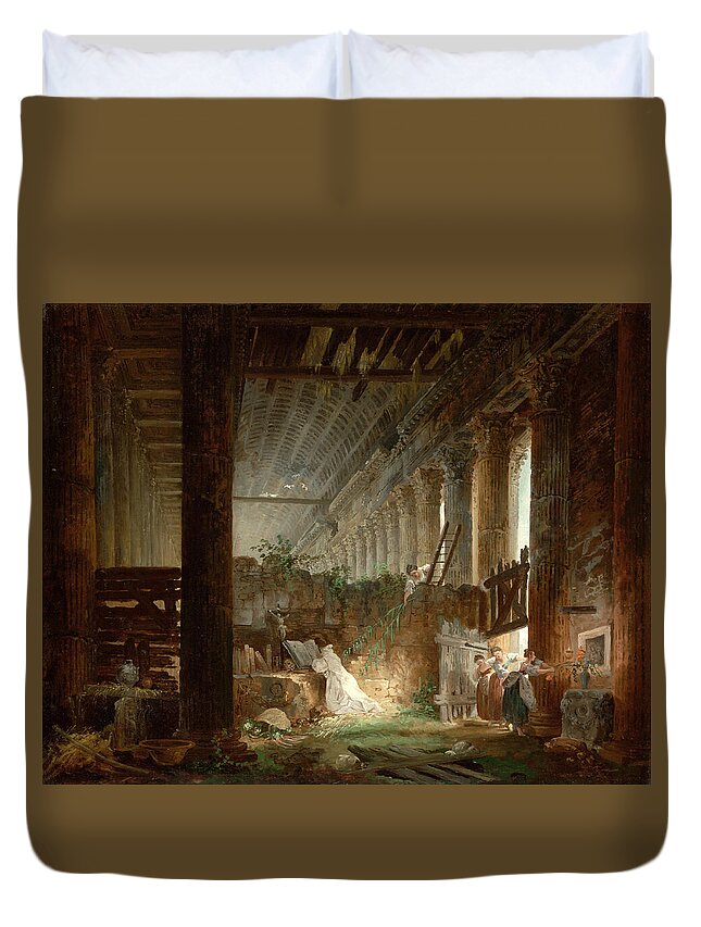 Hubert Robert Duvet Cover featuring the painting A Hermit Praying in the Ruins of a Roman Temple by Hubert Robert