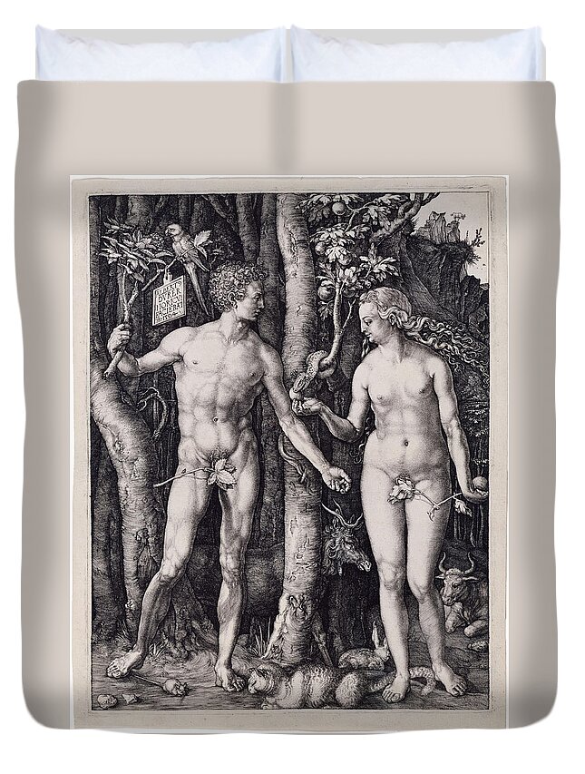 Durer Duvet Cover featuring the drawing Adam and Eve #4 by Albrecht Durer