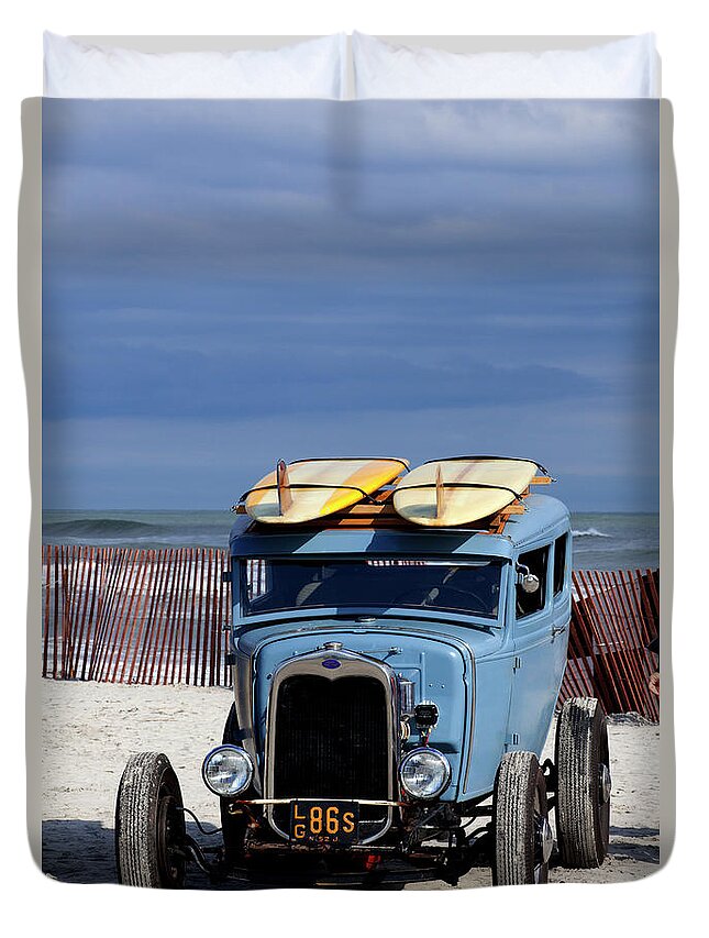  Surfing Duvet Cover featuring the photograph Blue Ford roadster race car on the beach #4 by Anthony Totah