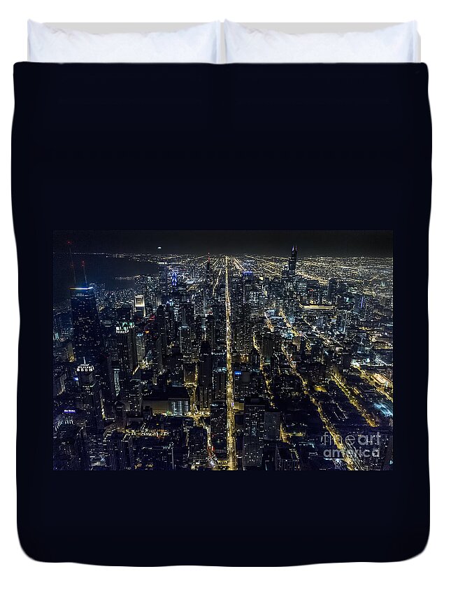 Chicago Duvet Cover featuring the photograph Chicago Night Skyline Aerial Photo #18 by David Oppenheimer
