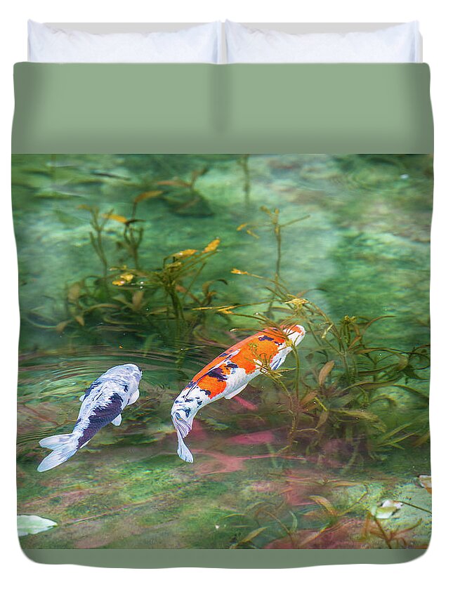 Colored Carp Duvet Cover featuring the photograph Colored Carp at Monet's Pond #4 by Hisao Mogi