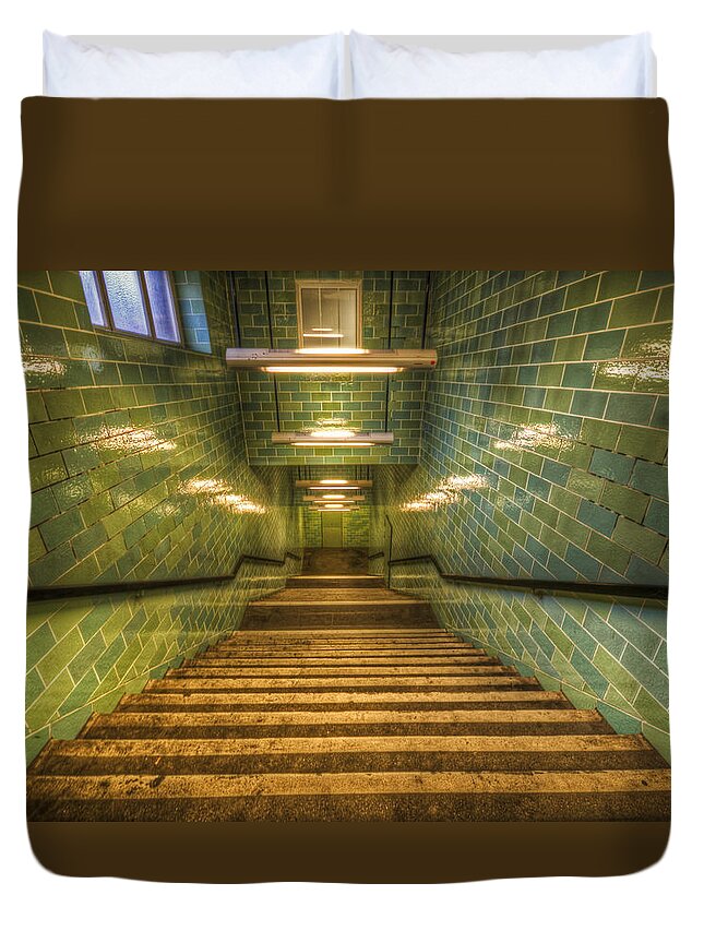 Architecture Duvet Cover featuring the digital art Green stairs #4 by Nathan Wright