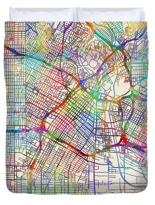 Los Angeles Duvet Cover featuring the digital art Los Angeles City Street Map by Michael Tompsett