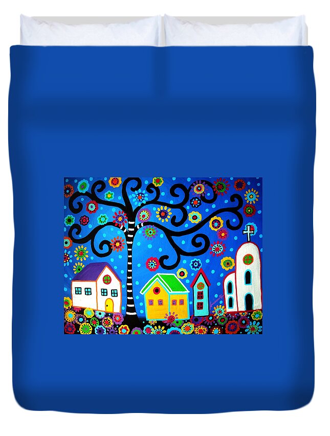 Day Of The Dead Duvet Cover featuring the painting Mexican Town #4 by Pristine Cartera Turkus