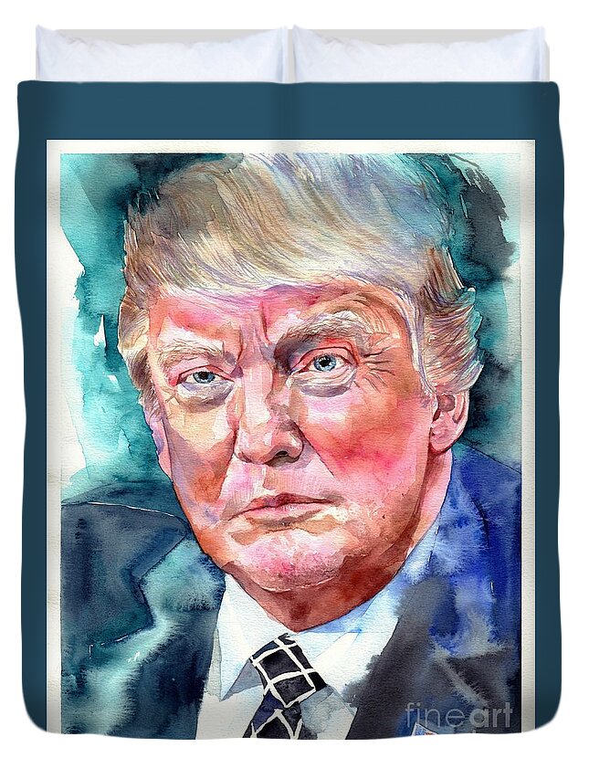 Donald Duvet Cover featuring the painting President Donald Trump portrait #4 by Suzann Sines