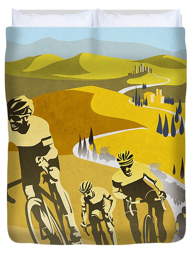 Vintage Cycling Duvet Cover featuring the painting Print by Sassan Filsoof