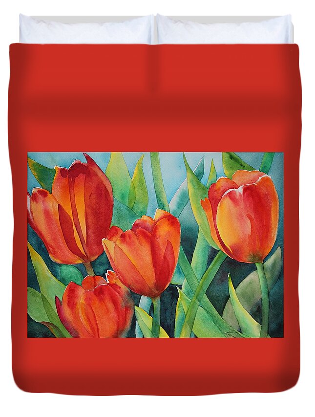 Red Flowers Duvet Cover featuring the painting 4 Red Tulips by Ruth Kamenev