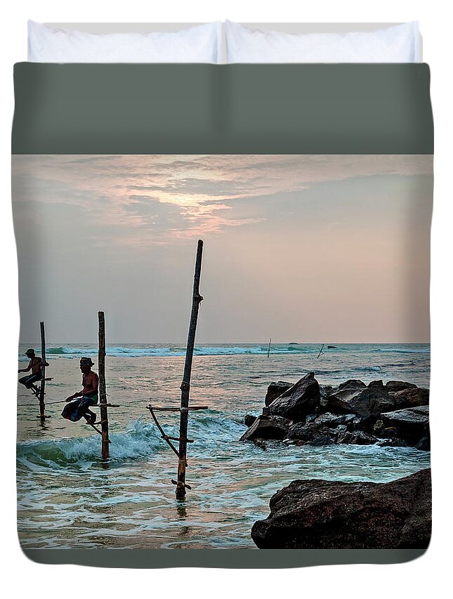 Stilt Duvet Cover featuring the photograph Stilt Fishermen - Sri Lanka #4 by Joana Kruse
