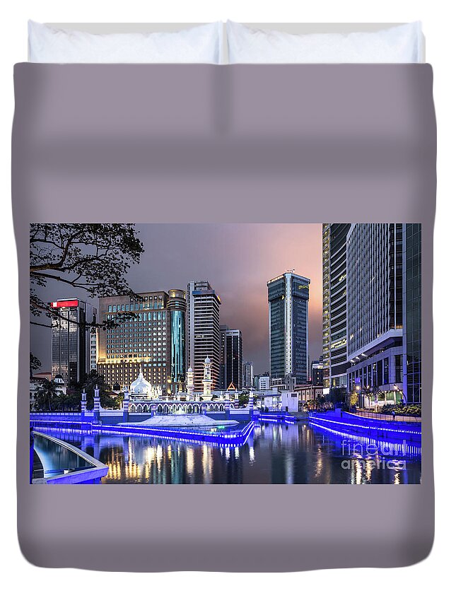 Ancient Duvet Cover featuring the photograph The office buildings reflects in the water of the Klang river in #4 by Didier Marti