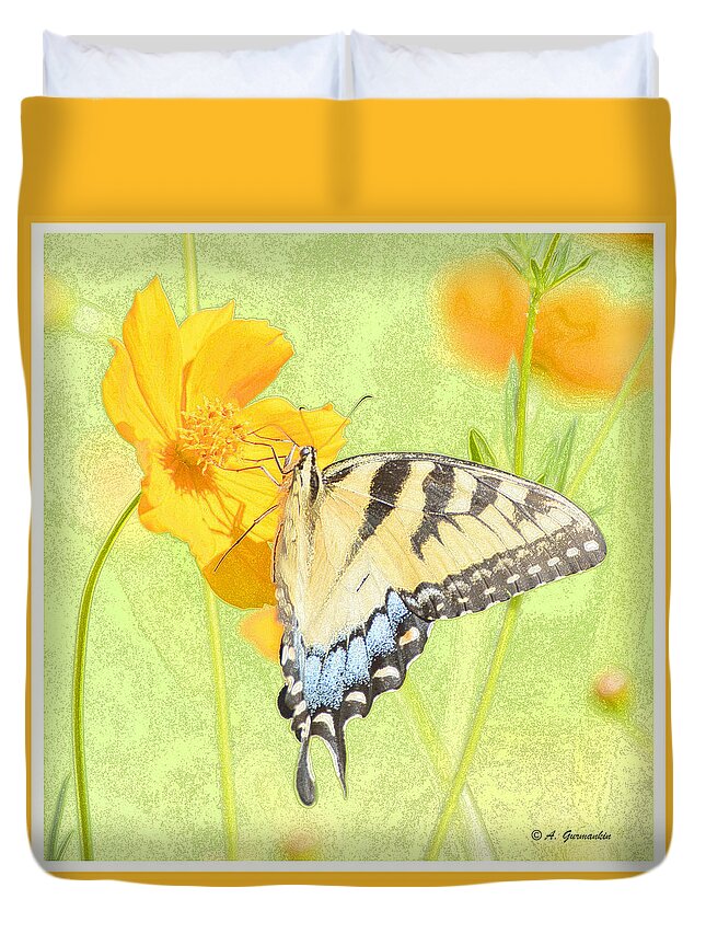 Papilio Glaucus Duvet Cover featuring the digital art Tiger Swallowtail Butterfly on Cosmos Flower #4 by A Macarthur Gurmankin